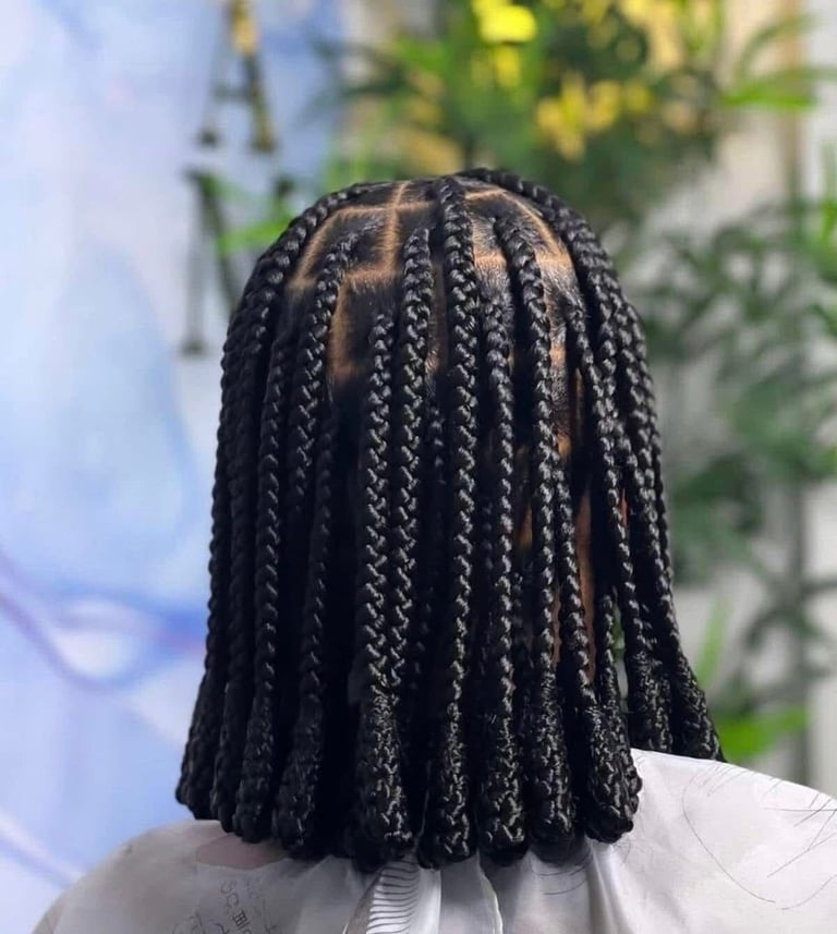 Back view of black box braids hairstyle with shoulder-length braids on a mannequin head outdoors